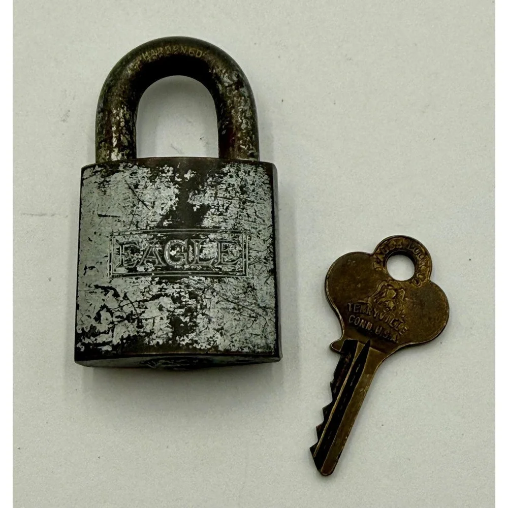 Vintage Eagle Lock Co Padlock with Key Terryville Conn USA Hardened Shackle